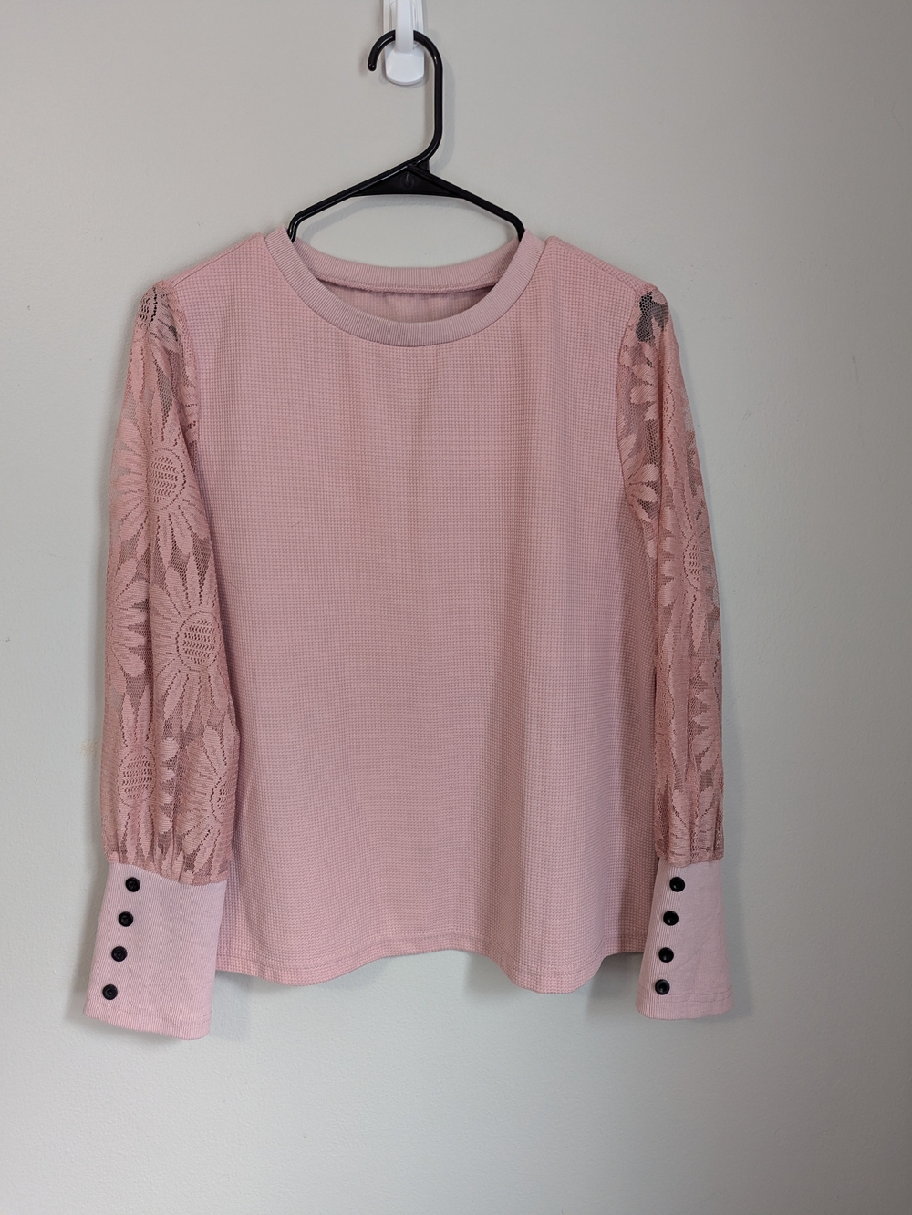 SHEIN Blush Pink Lace-Long Sleeve Top With Button Cuff Women's L